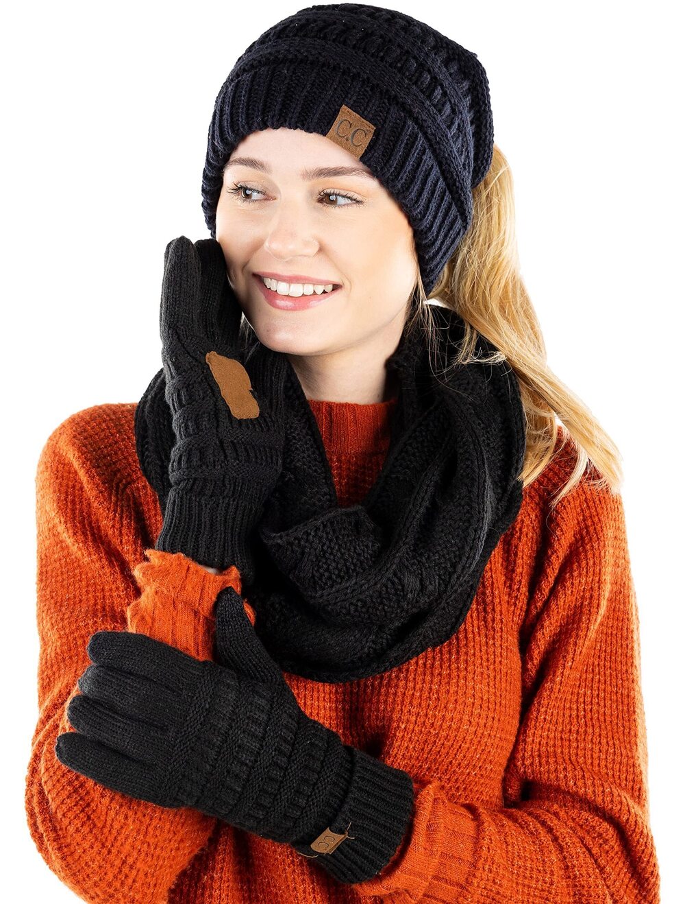 2364 BeanieTail, Gloves, & Scarf Bundle: Black